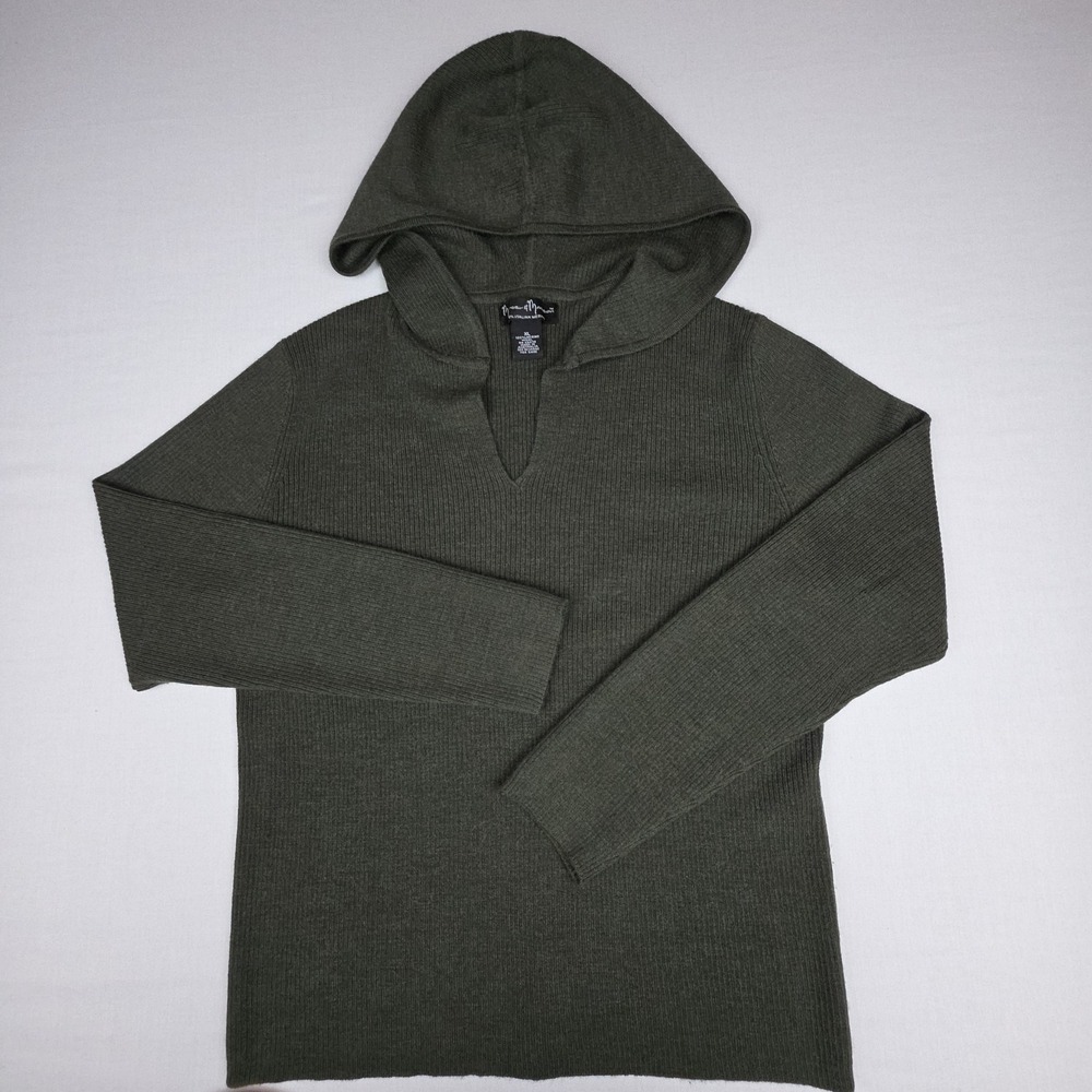 Mercer & Madison 100% Italian Merino Wool Hooded Sweater Women XL Green Ribbed